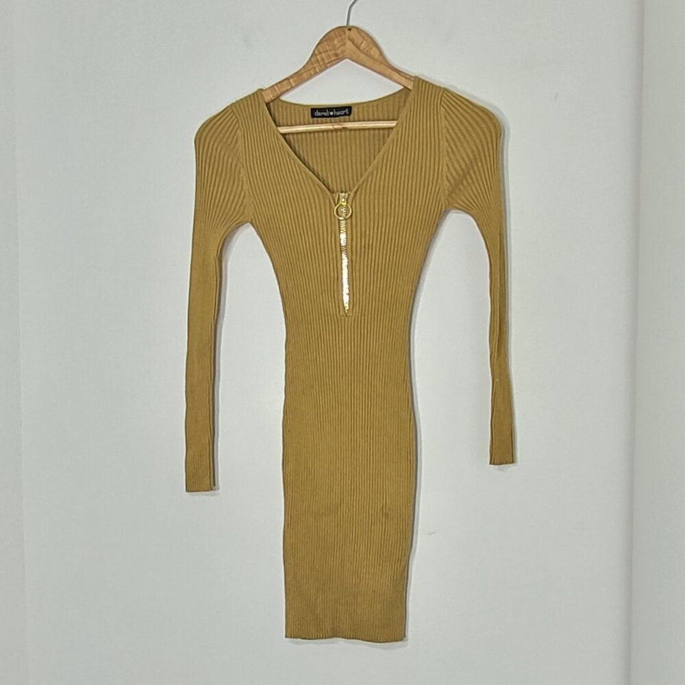 Derek Heart Green Yellow V-Neck Zipper Front Casual Ribbed Knitted Midi Dress